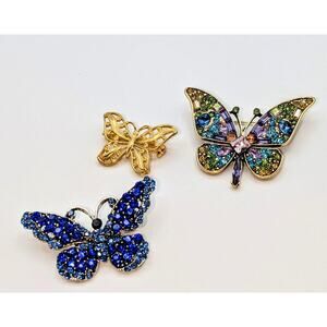 Lot of Three Butterfly Rhinestone & Filigree Pins/Brooches